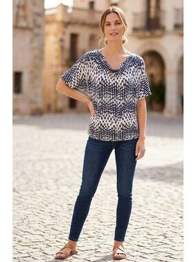 Shannon Ford Womens Navy & White Abstract Dot Short Sleeve Cowl Neck Top Size M